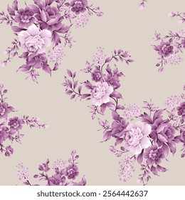 violet seamless vector stock flowers leaves bunches pattern on cream background