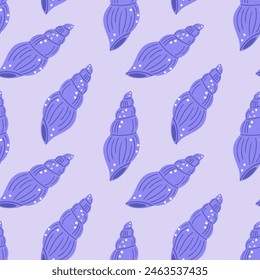 Violet seashells seamless pattern. Trendy pattern of seashell conch for wrapping paper, wallpaper, notebook cover.