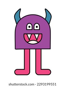 Monstruo violeta semicircular. Carácter asustado con sonrisas de cuernos azules. Festividad de miedo y horror, Halloween. Diablo, demonio y mutante. Etiqueta lineal para los medios sociales. Dibujo vectorial plano de dibujos animados