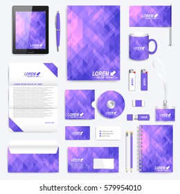 Violet set of vector corporate identity template. Modern stationery mock-up. Background with violet triangles. Business, science, medicine and technology design. Branding design