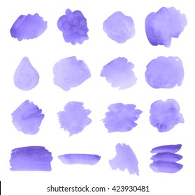 Violet set watercolor paper texture isolated drop stains on white background. Vector abstract brush paint colorful shape elements for design, template, web, label, tag. Aquarelle scribble stripe dabs