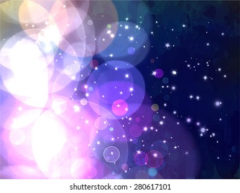 Violet shine and stars on sky background. Vector version