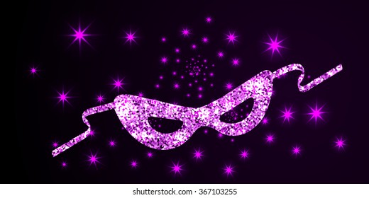 Violet shining carnival mask on black background. Vector illustration