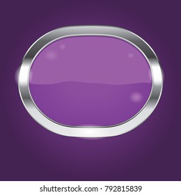 Violet shiny button with metal frame on violet background