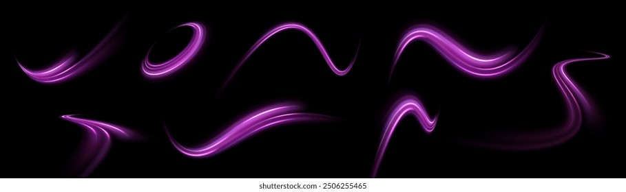 Violet shiny sparks of spiral wave. Curved bright speed line swirls. Shiny wavy path. Rotating dynamic neon circle. Magic golden swirl with highlights. Glowing swirl bokeh effect. vector