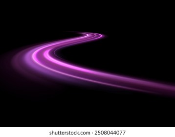 Violet shiny sparks of spiral wave. Curved bright speed line swirls. Shiny wavy path. Rotating dynamic neon circle. Magic golden swirl with highlights. Glowing swirl bokeh effect. vector