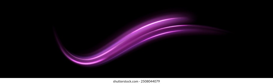 Violet shiny sparks of spiral wave. Curved bright speed line swirls. Shiny wavy path. Rotating dynamic neon circle. Magic golden swirl with highlights. Glowing swirl bokeh effect. vector