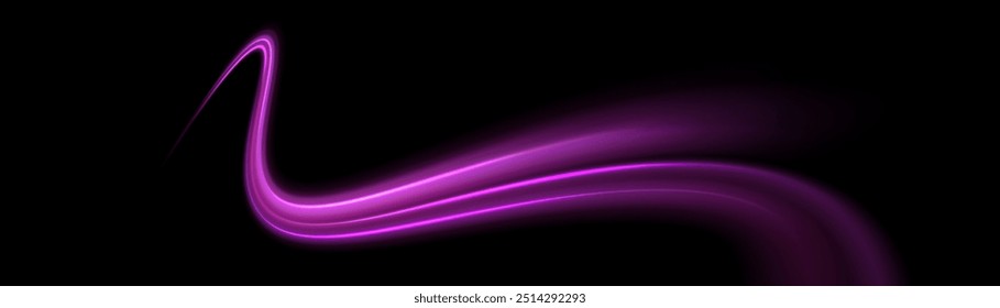 Violet shiny sparks of spiral wave. Curved bright speed line swirls. Shiny wavy path. Rotating dynamic neon circle. Magic golden swirl with highlights. Glowing swirl bokeh effect. vector