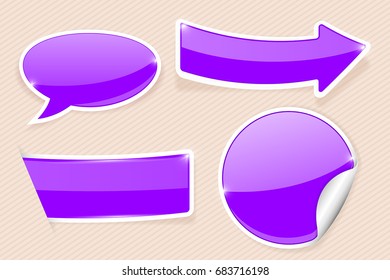 Violet shiny stickers on beige background. Vector illustration