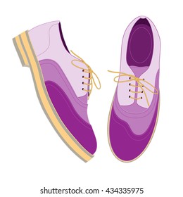  Violet shoes decorated with yellow soles. Vector illustration isolated on white background.