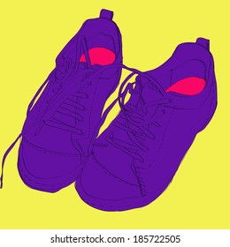 Violet shoes with pink details on bright yellow background. 