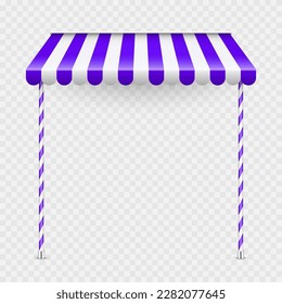 Violet shop sunshade with stand holders. Realistic striped cafe awning. Outdoor market tent. Roof canopy. Summer street store. Vector illustration