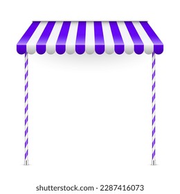 Sombrilla violeta con soporte. Amanecer de café realista a rayas. Tienda al aire libre. Tejido de techo. Tienda de la calle de verano. Ilustración del vector