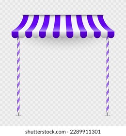Sombrilla violeta con soporte. Amanecer de café realista a rayas. Tienda al aire libre. Tejido de techo. Tienda de la calle de verano. Ilustración del vector