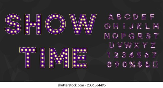 Violet show time shining marquee alphabet with numbers and warm light. Purple vintage illuminated letters for text logo or sale banner