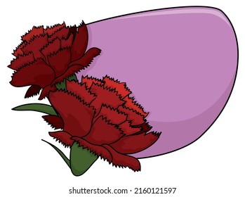 Violet sign template, decorated with couple of beautiful red carnations. Design in cartoon style over white background.