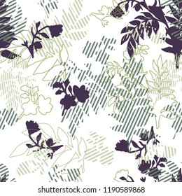 Violet silhouette of flowers and, filled with stripe, leaves. Seamless vector pattern with flowers and leaves for design of fabric and all prints.
