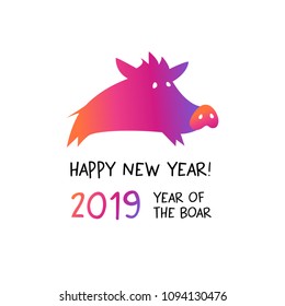 Violet silhouette pig with big nose.  Chinese earth boar of horoscope sign. Greeting card with gradient effect in 2019. Text Happy new year. 