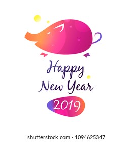 Violet silhouette pig with big nose.  Chinese earth boar of horoscope sign. Greeting card with gradient effect in 2019. Text Happy new year. 