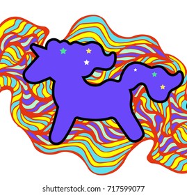 Violet silhouette unicorn. Vector cartoon character illustration. Design for child t-shirt. Girls, kid. magic concept. Rainbow on the background.print for t-shirt with unicorn