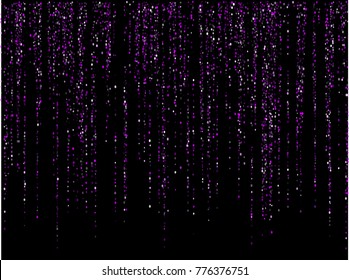 Violet silver glitter festoons falling confetti garlands holiday background vector illustration. Confetti dust falling down, holiday lights, garlands vertical lines. Sparkles glitter, tinsels design.