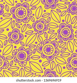 violet simple doodle flowers on yellow. vector seamless pattern. fresh textile design. stylish repeating background