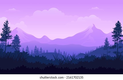 Violet skies and the vast mountain forests lands with trees