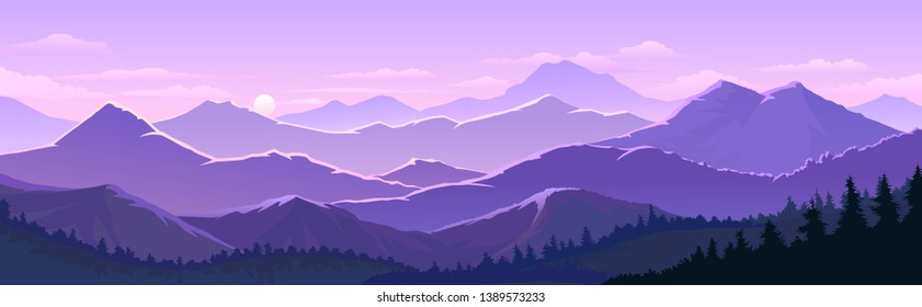 Violet skies and the vast mountain lands with trees, forests.