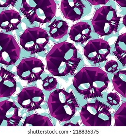 Violet skulls seamless pattern, geometric contemporary style repeating vector background, best for use as web backgrounds and wallpapers.