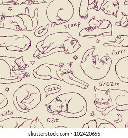 Violet sleeping cats seamless pattern