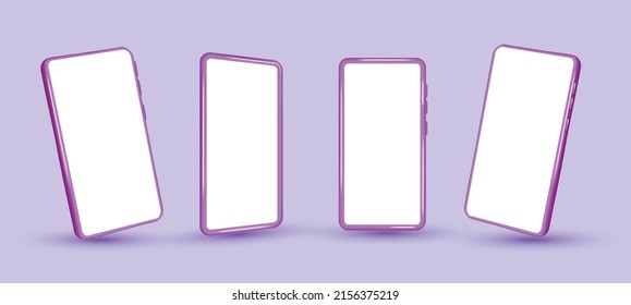 Violet smartphone mockup, 3D vector template set. Mobile phone front view on the white background