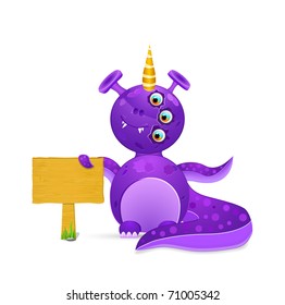violet smiley monster with empty wooden sign. vector illustration isolated on white background