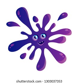 Violet smiling ink blot. Funny character with big eyes. Vector illustration.