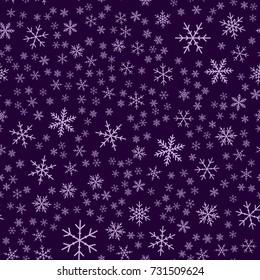 Violet snowflakes seamless pattern on purple Christmas background.