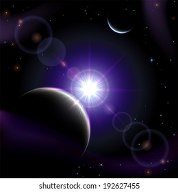 Violet space background with planet and shining sun, illustration.