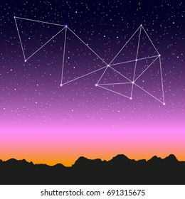 Violet space landscape with geometric connections, mountains silhouette, and stars.