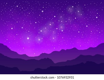 Violet space landscape with milky way, mountains silhouette, and stars.