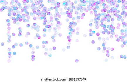 Violet spangles confetti placer vector illustration. Glamour shining foil particles holiday glitter flatlay. Birthday confetti scatter glossy pattern.
