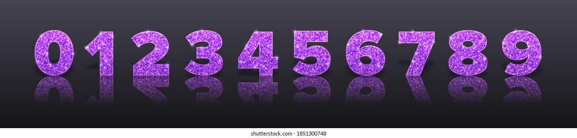 Violet sparkling numbers with reflection and shadow in royal style on black background for invitation card and sale banner. Holiday decoration. Vector isolated template.