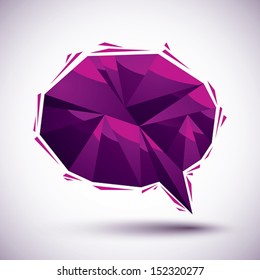 Violet speech bubble geometric icon made in 3d modern style, best for use as symbol or design element.