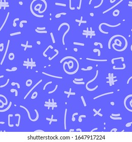 violet spelling on an ultramarine background, question mark, plus, equal, percent, quotation marks, staples, dashes, periods, exclamation points, commas. seamless patterns