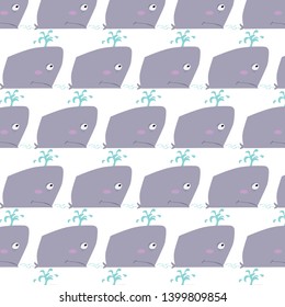 A violet sperm whale swiming while spraying water. Cartoon vector style.

