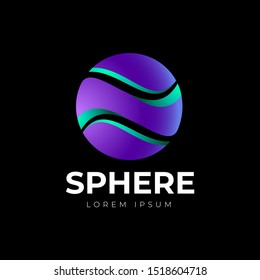 Violet sphere logo. Abstract ball cut into 3 parts with green elements. Violet Planet Emblem. 