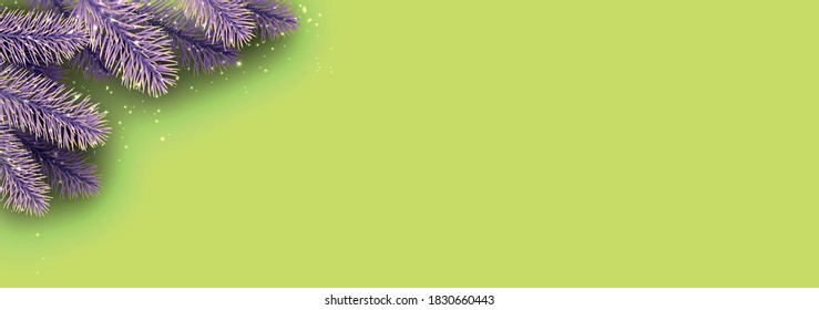 Violet spruce branches with yellow tips and shiny lights on light green background. Space for text. Vector holiday illustration.