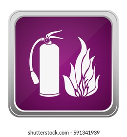 violet square button relief with silhouette fire flame and extinguisher icon vector illustration