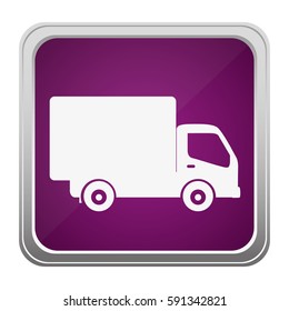 violet square button relief with silhouette transport truck vector illustration