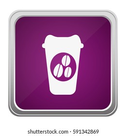 violet square button relief with silhouette glass disposable for hot drinks with lid vector illustration