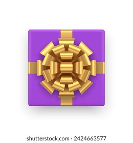 Violette quadratische Geschenkbox mit luxuriösem goldenen Bogen Band oben Ansicht 3D-Symbol realistische Vektor-Illustration. Lila Premium Geschenkpaket Eleganter Behälter für festliche Feiertagsüberraschung Geburtstag Jubiläum