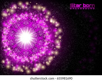 Violet star born in space with starry sky background