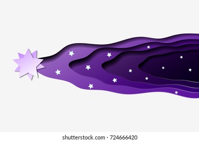 Violet star flying through the open space. 3d abstract paper cut wave background. Vector template in carving art style.